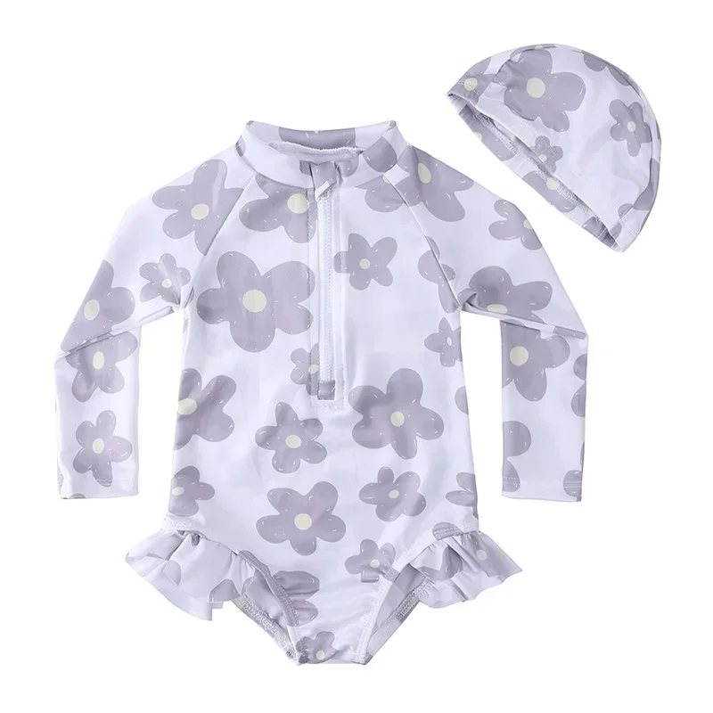 New 2025 Summer Girls One-piece Swimsuit Baby Long Sleeve Sunscreen Quick-Dry Cute Floral Print Swimwear Toddler Bathing Costume