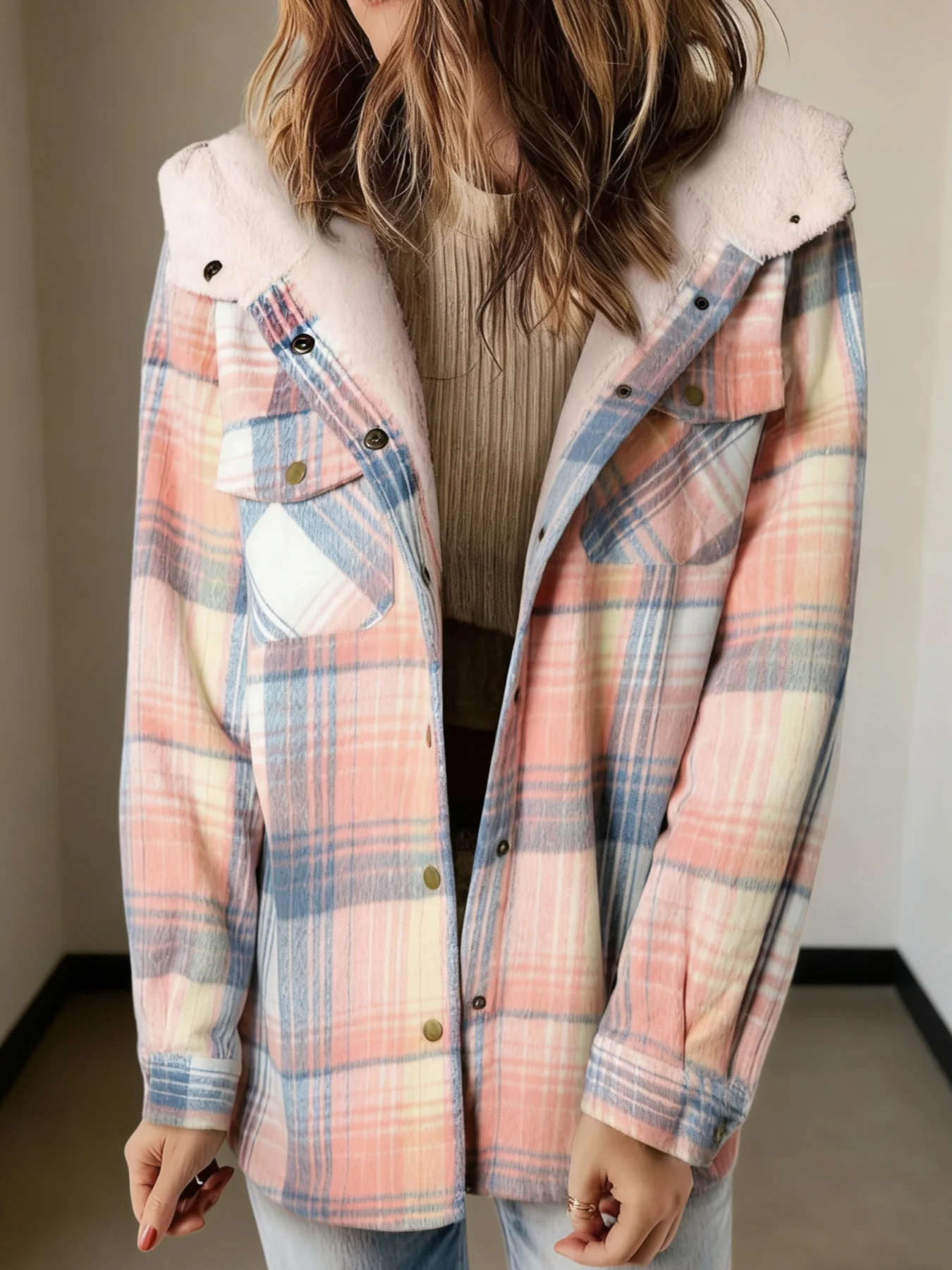 

Women's Long Sleeve Fleece Hooded Casual Jacket with Pocket, Plaid Striped Design, Warm and Comfortable for Autumn and Winter