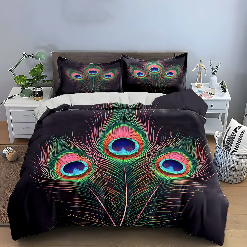 Peacock Feather Art Decor Set Soft Skin-Friendly Bedding Set Includes 1 Duvet Cover And 2 Pillowcase, Gift