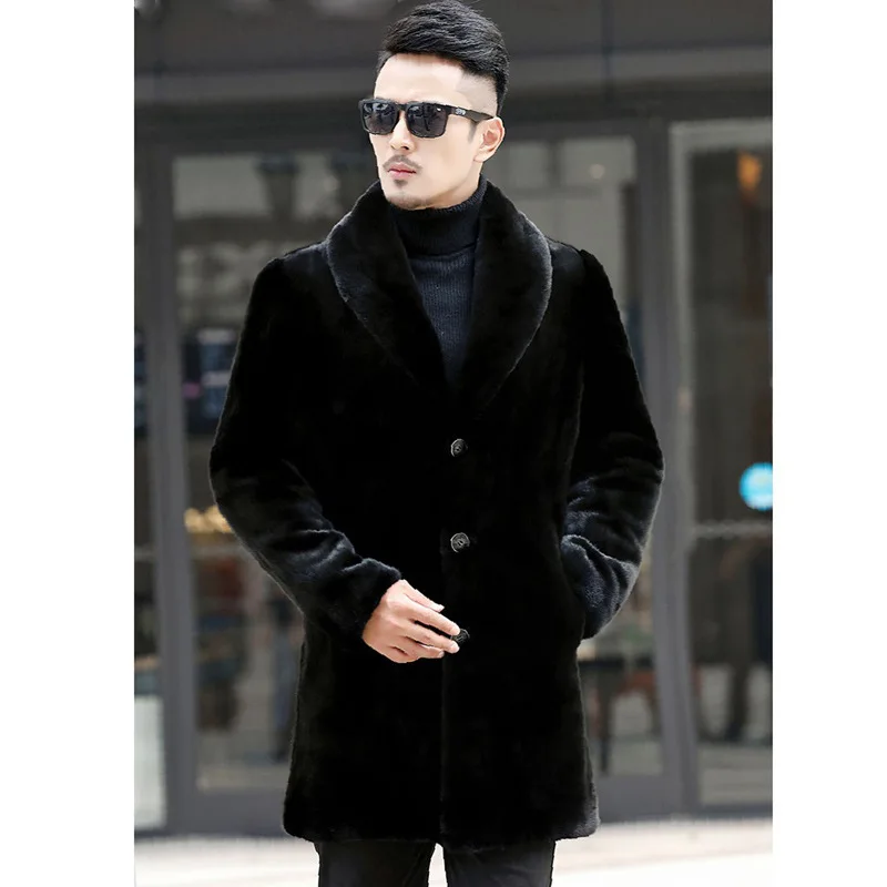 Winter Mid Length Fur Jacket Men Coat Long Sleeve Single-breasted Faux Fur Coat Windbreaker Windproof Thick Pockets Snow Clothes