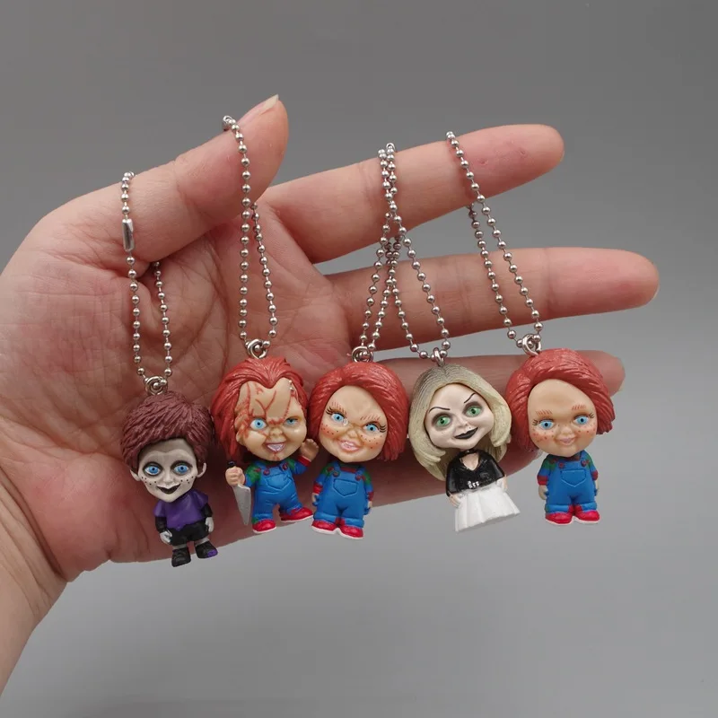 5Pcs Horror Movie Chucky Keychains Bride of Chucky Action Figure Toys 4cm Personaliry Bag Pendant PVC Model Doll Gifts For Kids