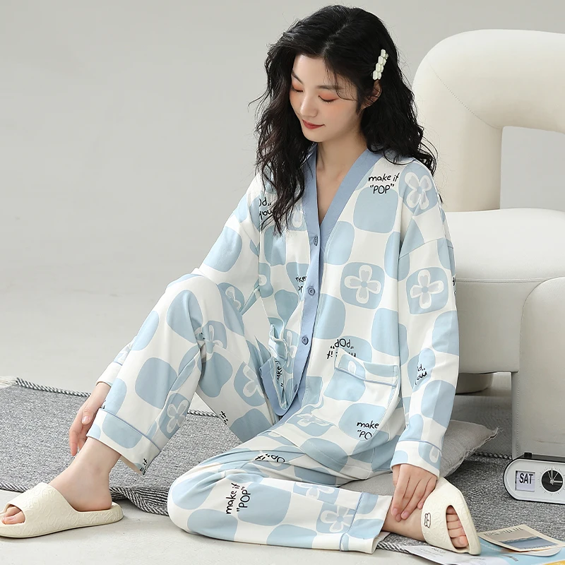 Blue Plaid Pajama Women Cute Kawaii Sweet Long Sleeves Long Pants Autumn Winter Soft Sleepwear Cozy Pyjamas Girl Pijamas Lady Pj