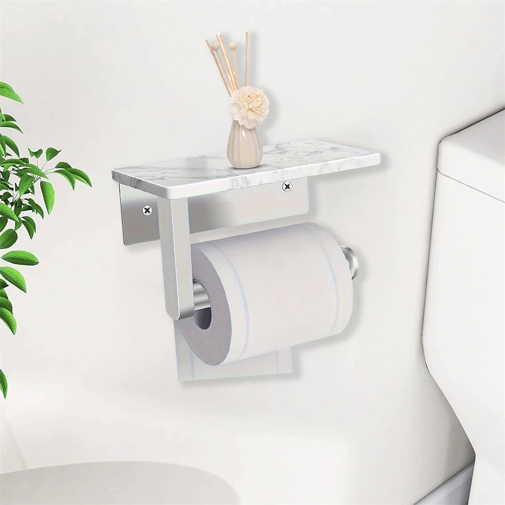 

Stainless Steel Paper Towel Holder With Marble Shelf Toilet Bathroom Mobile Phone Hanging Roll Paper Holder Bathroom Accessories