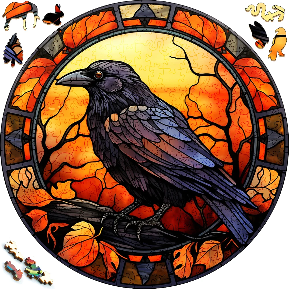 Mysterious Wooden Puzzle painted Black Bird Fun Toy Animal Wood Puzzles Smart Games Round Shaped Jigsaw Puzzle Best Gift For Kid