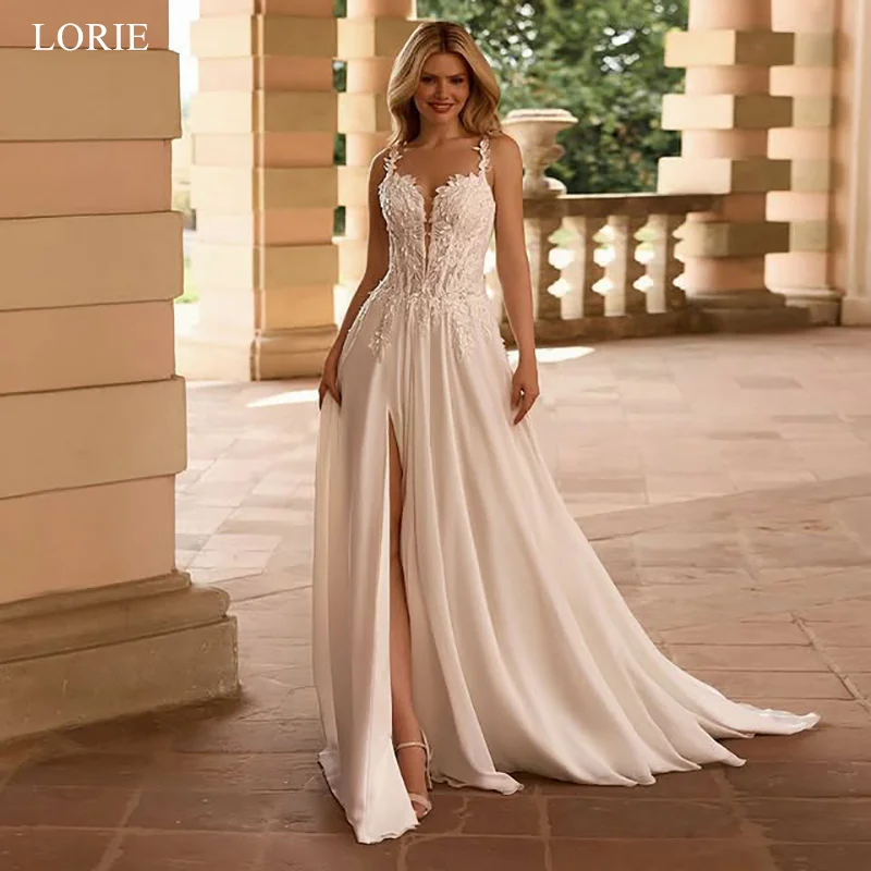 

LORIE Elegant Chiffon Wedding Dresses Appliques A-Line Sleeveless Bride Prom Gown Side Slit Floor-Length Bridal Gowns Customized