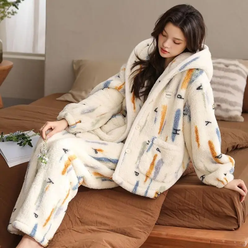 

Homewear Women's Pajama Set Girl Winter Nightwear New Collection Keep Warm Thick Coral Velvet Home Clothes External Wear Pyjamas