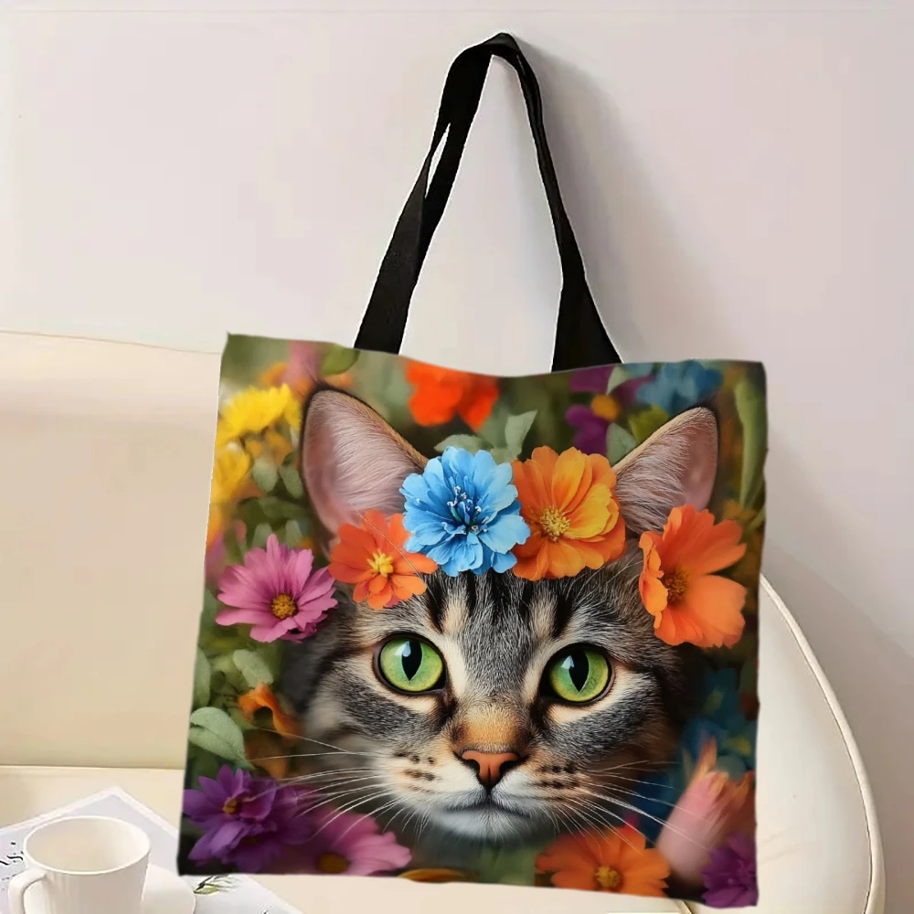 Süße Katze mit buntem Blumenkronen-Aufdruck, Polyester-Einkaufstasche, lässige Schulter-Einkaufstasche, modische Handtasche für den täglichen Weg zur Arbeit