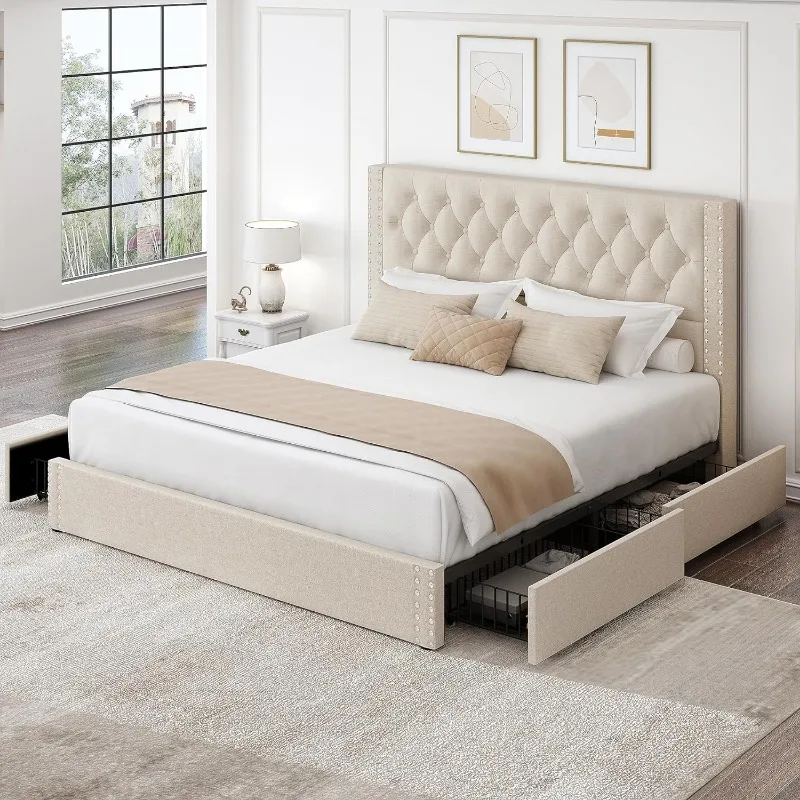 King Size Platform Bed Frame with 4 Storage Drawers and Headboard Linen Upholstered Bed Frame Tufted Beds withWood Slats Support