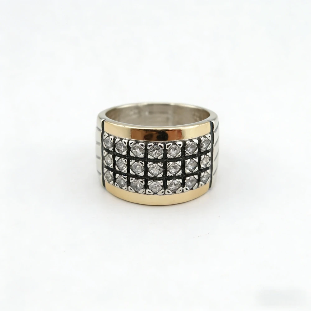 Vintage Two Tone Three Lines White Stone Wide Ring For Women Men Wedding Party Banquet Retro Anniversary Jewelry
