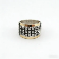 Vintage Two Tone Three Lines White Stone Wide Ring For Women Men Wedding Party Banquet Retro Anniversary Jewelry