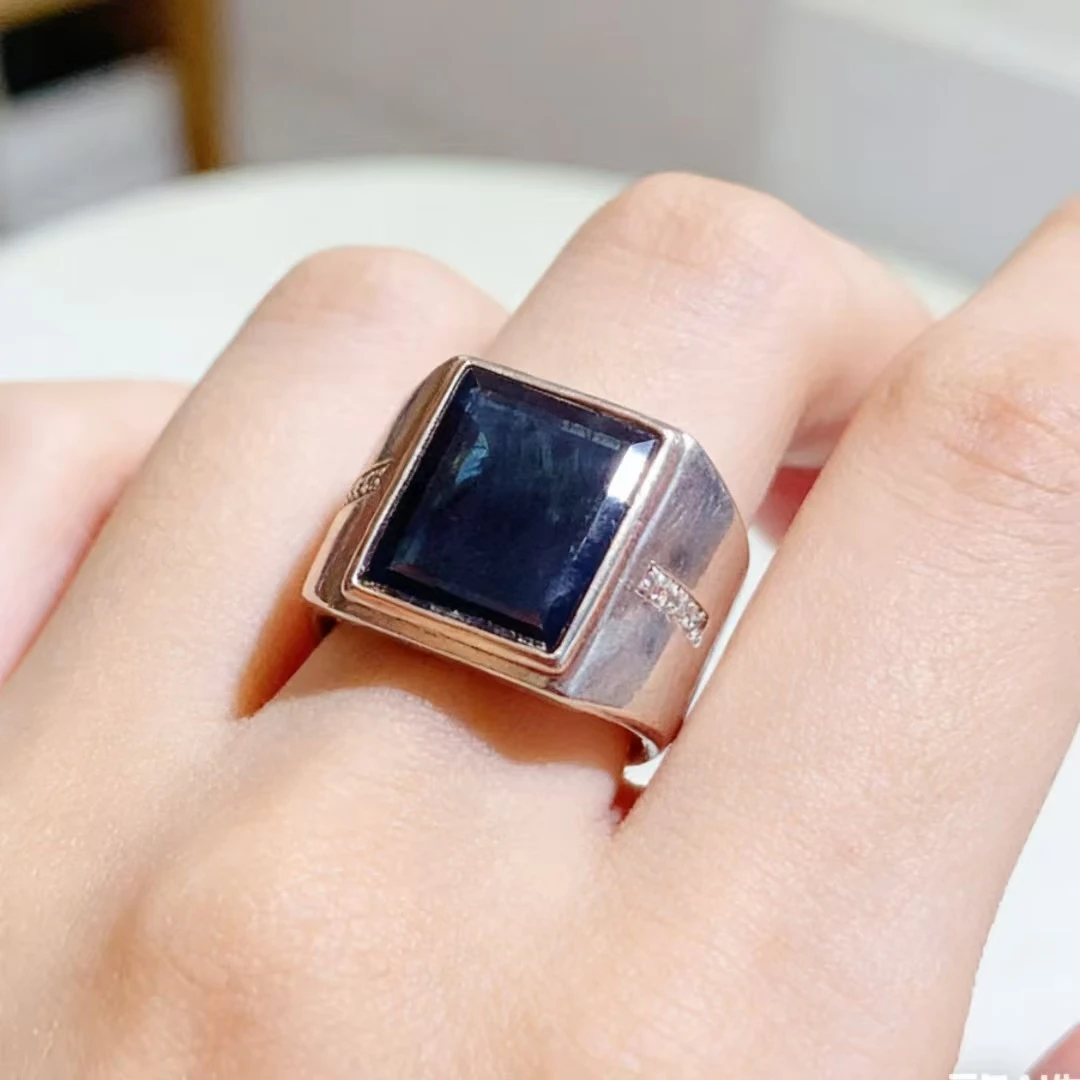 100% Natural Black Sapphire Ring for Man 8ct 11mm*14mm Sapphire Man Ring Silver Ring Solid 925 Silver Jewelry