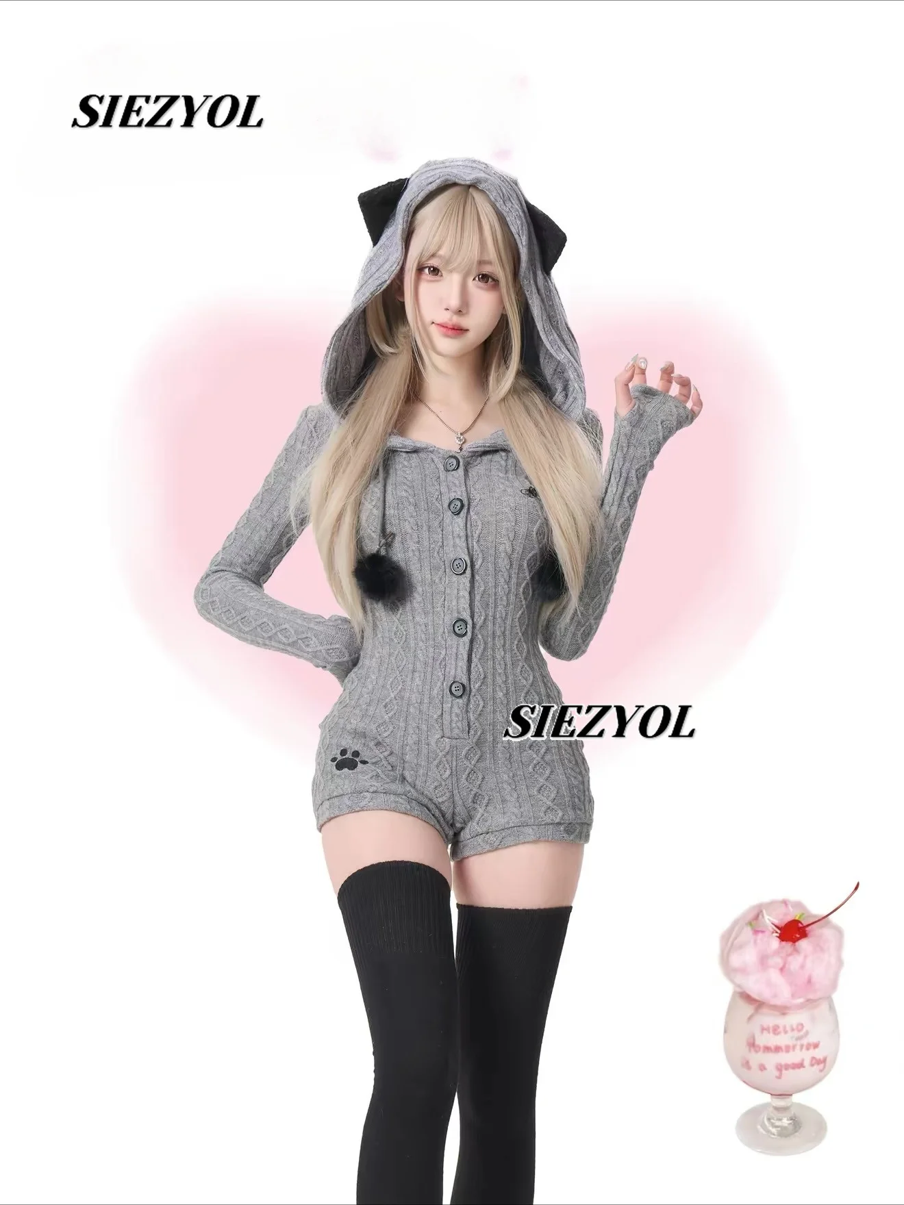 Spring Autumn Gray Slimming High Waist Knitting Jumpsuit Sweet Girls Long Sleeves Hooded Single Breasted Shorts Rompers