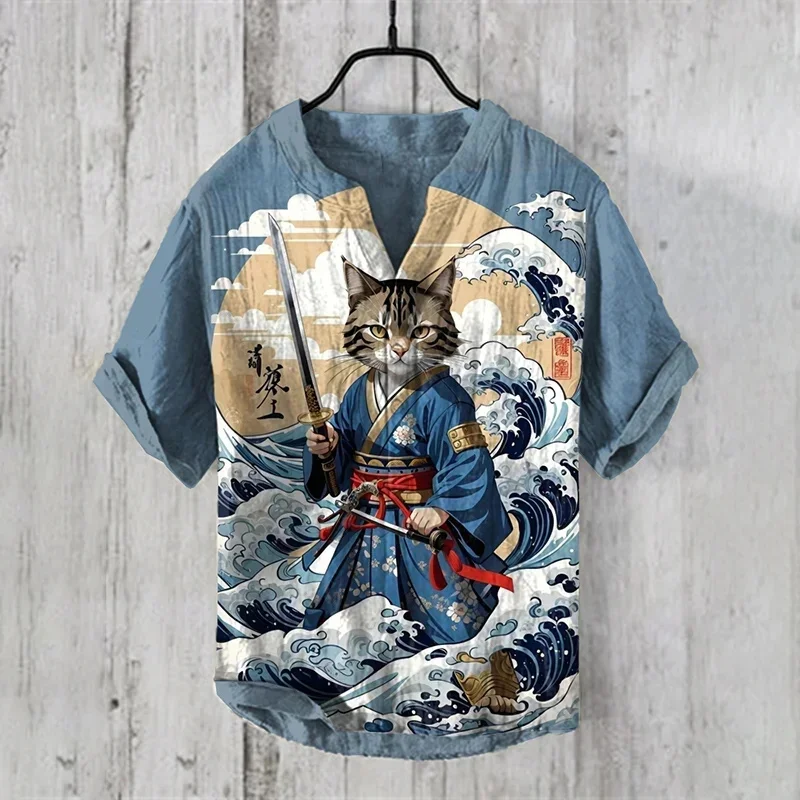 

New Fashion Men's 100% Linen Trendy Printed V-Neck Short Sleeve Shirt Fashion Casual Loose T-shirt Bamboo Linen Shirt Top