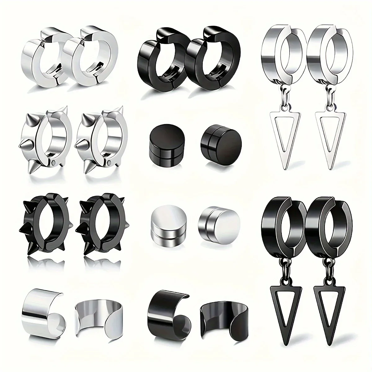 2pcs Minimalist Punk Stainless Steel Magnetic Ear Clips - C-Shape, Round & Triangle Designs, Non-Piercing Hoop Earrings for Men