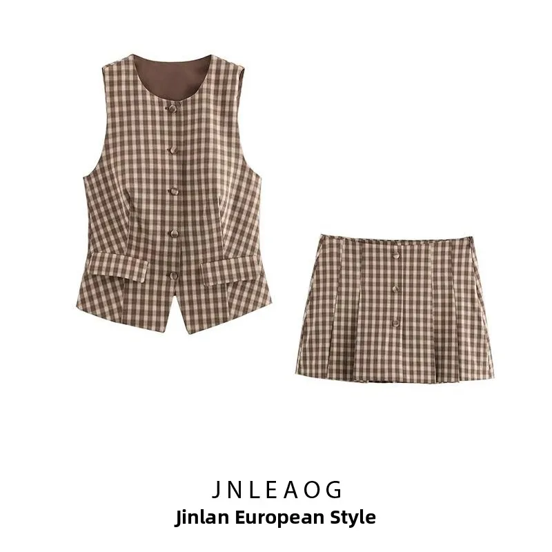 

Моющийся клетчатый жилет Sle ort, комплект с юбкой и брюками, осеннее новое поступление, женская одежда Ele Aosphere JNLEAOG