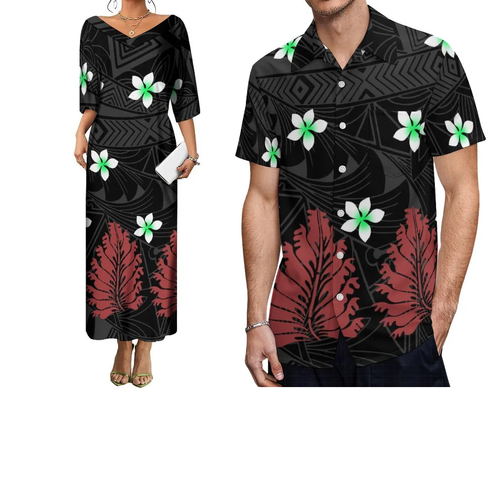 

Polynesian summer short-sleeved custom-made couple outfits, women's fashionable dresses and men's retro shirts