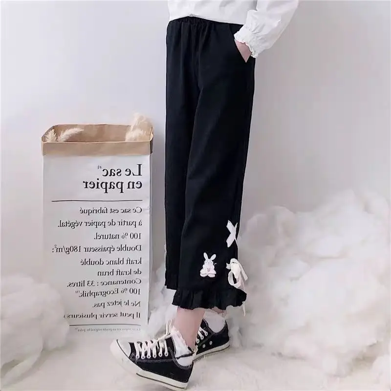 Spring and Autumn Girl Summer 2024 Patchwork Elasticized Pockets with Ruffled Edges in Solid Color Elegant Casual Wide Leg Pants