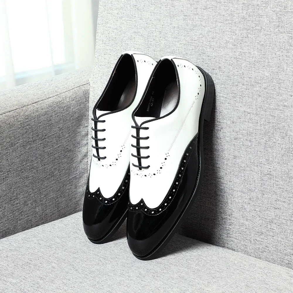 Elegant Man Dress Shoes White Black Genuine Leather Oxfords Wedding Party Social Shoes Male Wingtip Brogue Oxford Shoes for Men