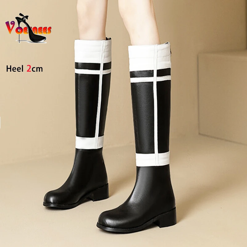 Mixed Colors Large Shoes Women Zip Knee-High Long Boots 2CM Chunk Heels Fashion Cross Dressing Uniform Shoes Botas Size 44 45 46