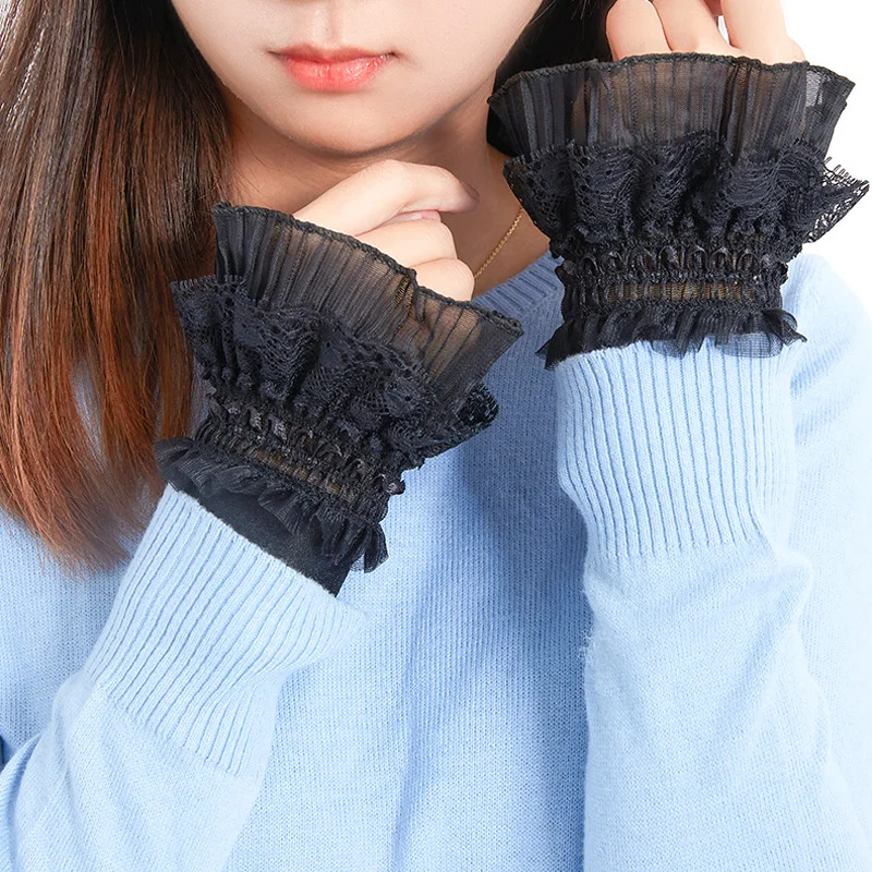 

Detachable Cuffs Floral Lace Mesh Fake Flared Sleeves Pleated Ruched False Cuffs Lolita Women Sweater Blouse Wrist Warmers