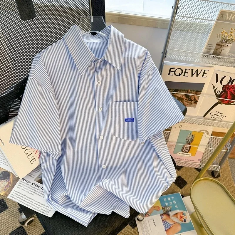 Casual Stripe Thin Short Sleeve Men's Shirt Summer Workwear Loose Fit Lightweight Half Sleeve Outerwear for Youth Daily Use