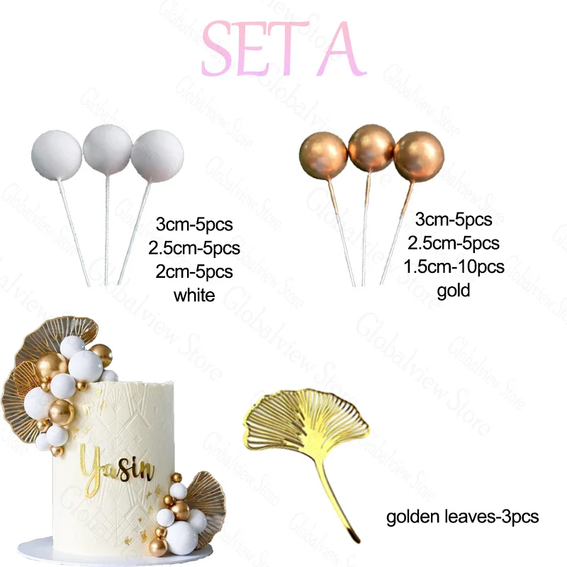 Goldene Blätter, cremeweißgoldene Kugel-Kuchenaufsätze, Boho, einfache Kuchendekoration für Hochzeit, Geburtstag, Party, Dekoration, Babyparty – Detail 1