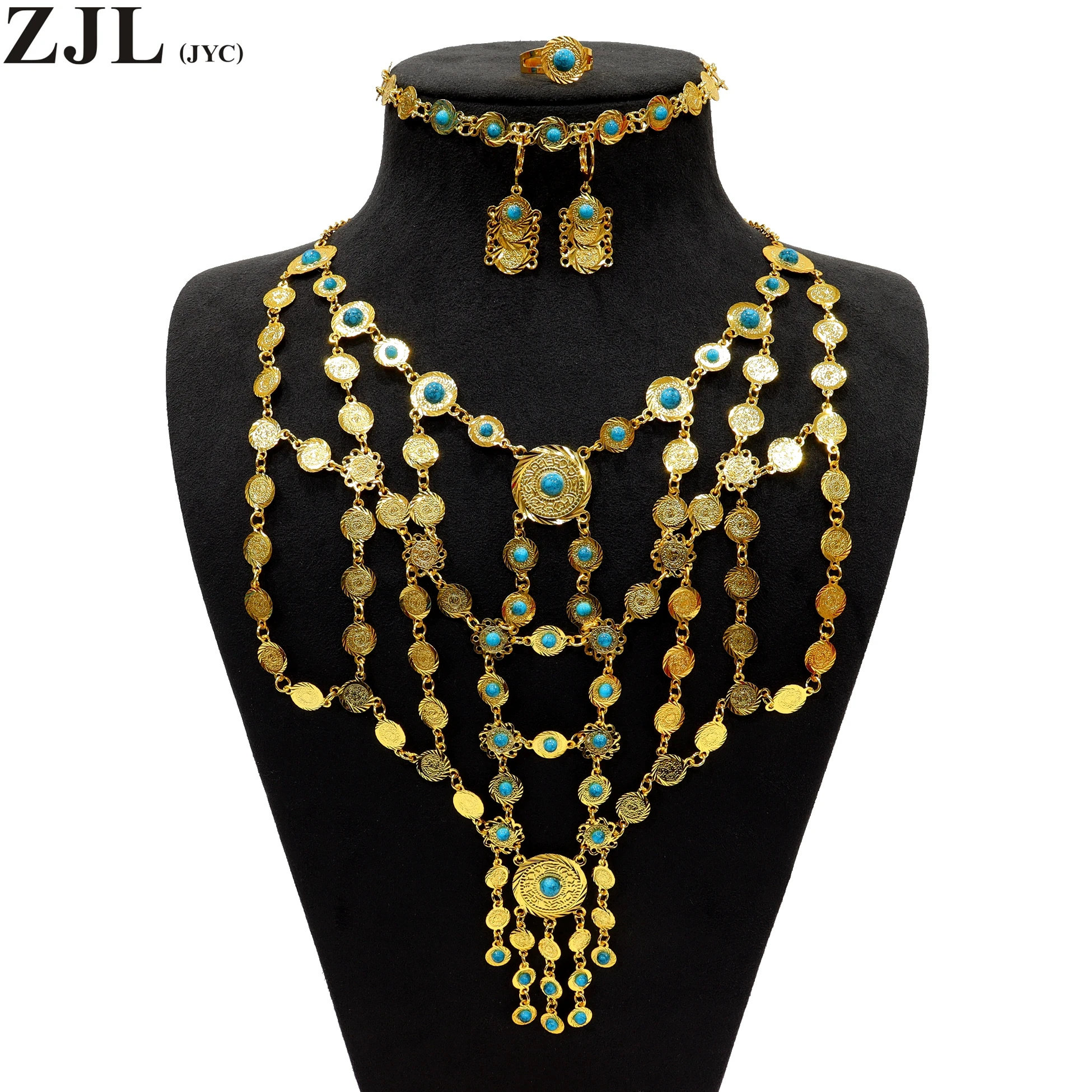 Ensemble de bijoux incrustés de turquoise pour femme, collier, boucles d'oreilles, bracelet, bague, plaqué or 18 carats, match 03, tenues, accessoires de fête, 5 pièces