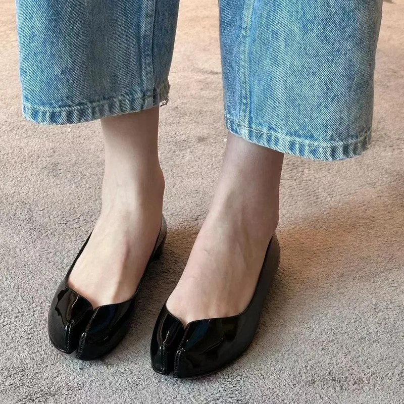 مريحة ماري جين شقة حذا فردي للسيدات براءات أحذية جلدية بدون كعب النساء ركاب أحذية الفم الضحلة سبليت تو أحذية الباليه