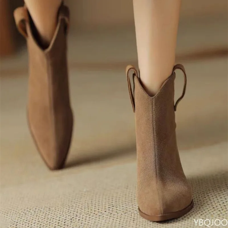 

Весенне-осенние модные короткие ботинки на высоком каблуке с матовой заостренной молнией для повседневных и удобных универсальных женских ботинок 2025 г.