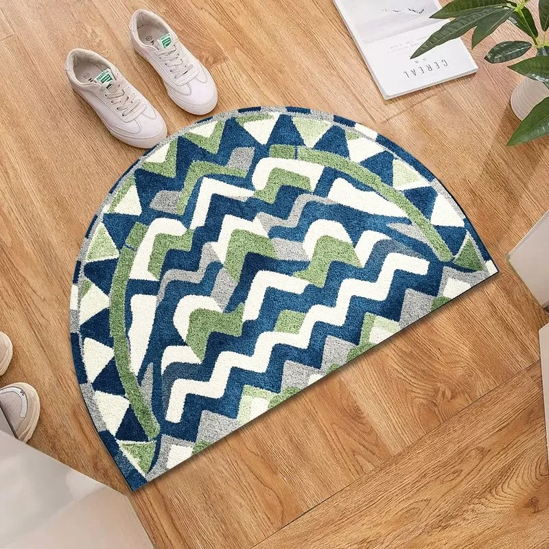 VIKAMA Blue Green Chevron Half Round Bath Mat, Non‑Slip Water Absorbent Geometric Bathroom Floor Rug