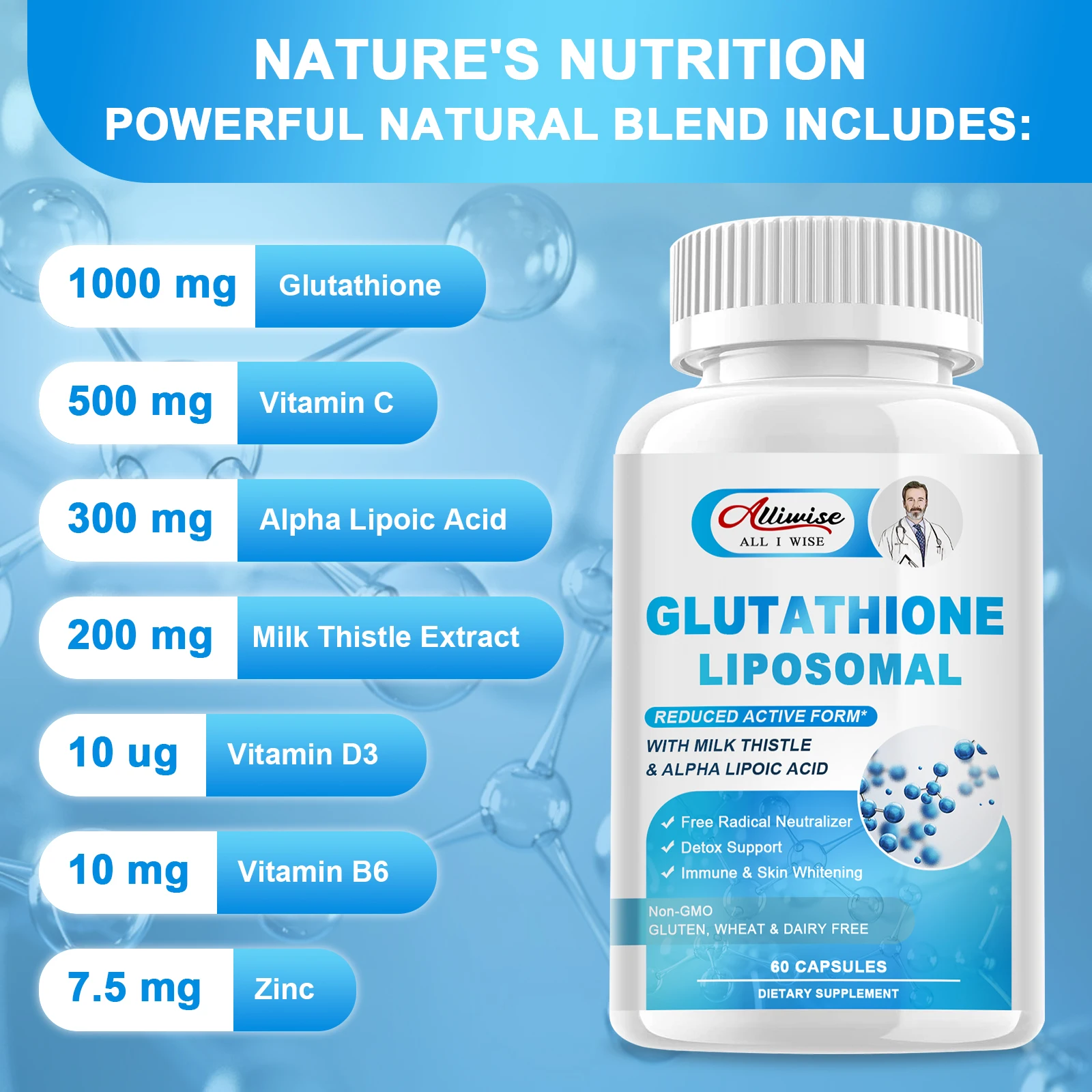 Alliwise Liposomal Glutathione pills Antioxidant Skin health Supplement, Healthy Skin Care, Hair, Nails, Immune Support