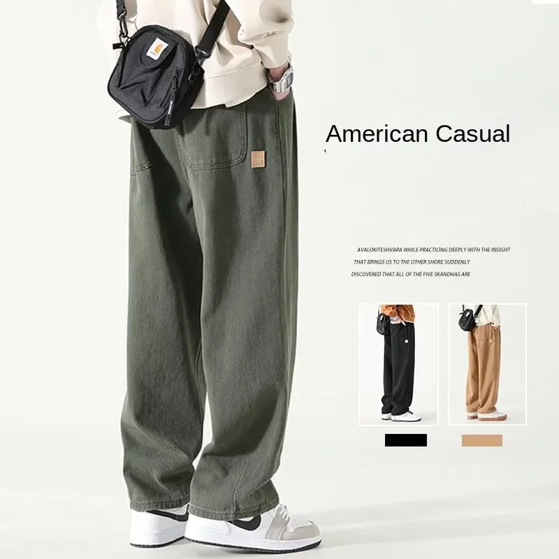 M-3XL American Fashion Brand Patchwork Pants Men Green Khaki Joggers Drawstring Cotton Cargo Trousers Men All-match Pants