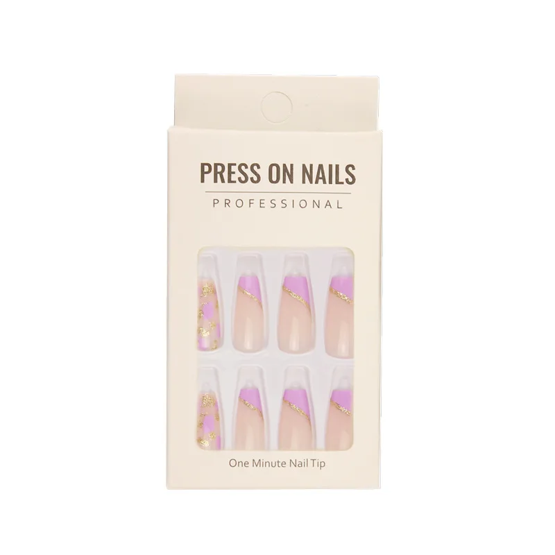 

Wear armor medium and long purple gold glitter nude manicure light luxury fake nail patch jelly glue