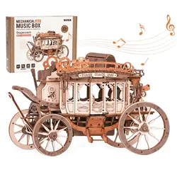 Robotime Wooden Music Box Puzzle 3D Puzzles Mechanical Building Construction Craft Birthday Anniversary Day Gift Kits Stagecoach