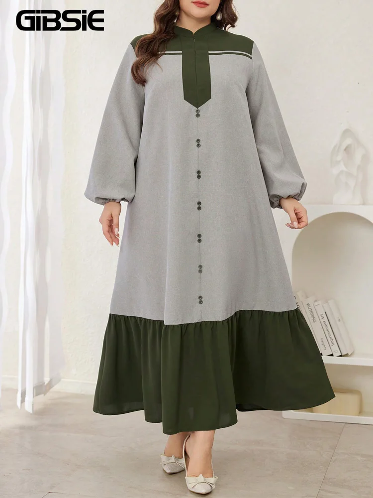 

GIBSIE Plus Size Colorblock Button Detail Ruffle Hem Dress Women Spring and Autumn Lantern Sleeve Loose Casual Long Dresses