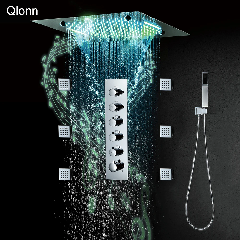 

Qlonn Chrome Showers Set Smart Thermostatic Mixer LED lighting Music 20 Inch Shower Head Bathroom Faucets Massage Body Jet Brass