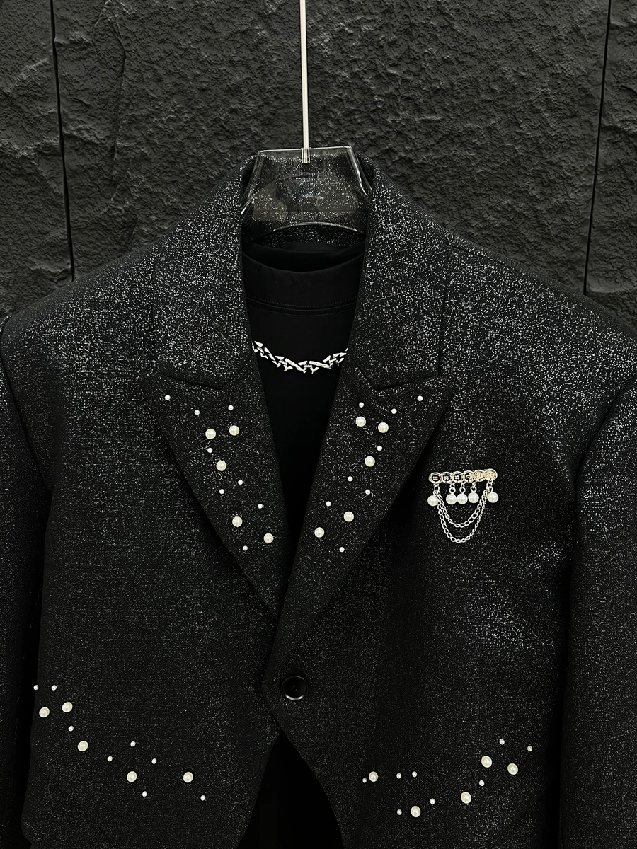 Men's 2025 Spring Autumn New Handsome Trendy New Tops Niche Design Beaded Blazers Loose Shoulder Padded Short Style Suit Jackets