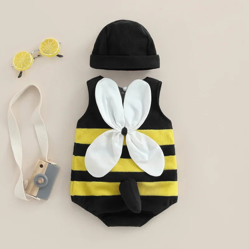 

Baby Boys Girls Bee Romper Stripe Sleeveless Back White Wing Decor Jumpsuits Casual Costume Clothes Infant Bodysuits with Hat