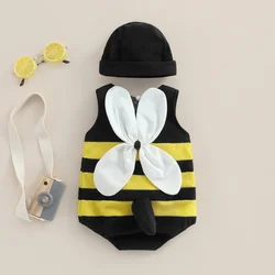 Baby Boys Girls Bee Romper Stripe Sleeveless Back White Wing Decor Jumpsuits Casual Costume Clothes Infant Bodysuits with Hat