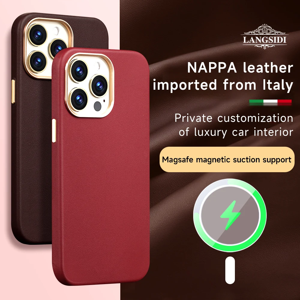 

Чехол LANGSIDI из коровьей кожи Magsafe для iPhone 15 13 12 14 Pro Max 15Pro с магнитным покрытием и защитным закаленным стеклом
