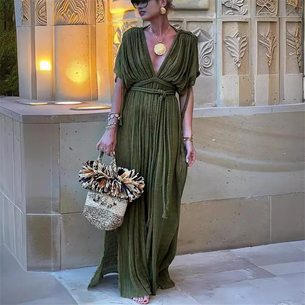 

Women Casual Green Deep V-Neck Long Dress 2024 Summer Short Sleeve Lace up High Split Maxi Dresses Female Robe