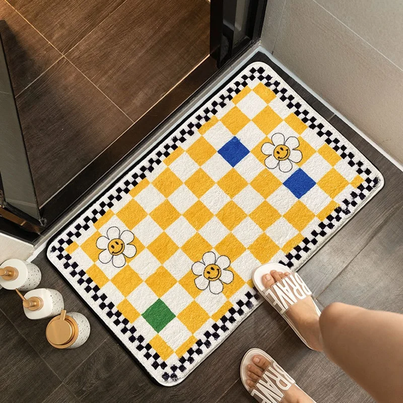 Plaid Floral Doormat Soft Plush Shower Room Mat Bathtub Floor Mat Entrance Bathroom Absorb Mat Cute Pet Rug Tapis Salle De Bain