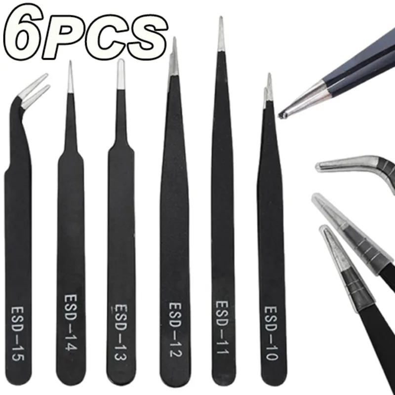 

6 шт., набор прецизионных пинцетов ESD, антистатические пинцеты из нержавеющей стали, инструменты для ремонта автомобильной электроники, паяльные инструменты для рукоделия
