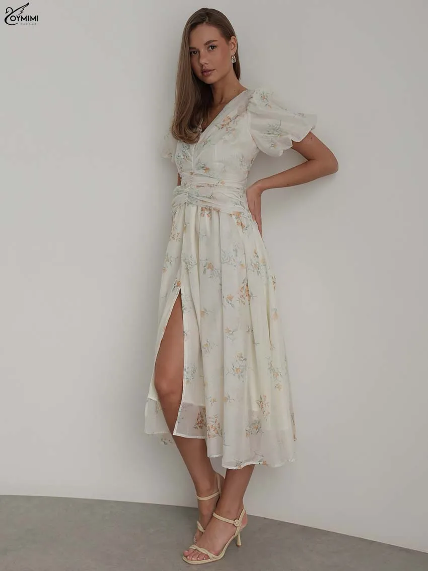 

Oymimi Casual White Print Womens Dresses Fashion V-Neck Short Sleeve Lace-Up Dresses Elegant Pleated Mid-Calf Dress Streetwear