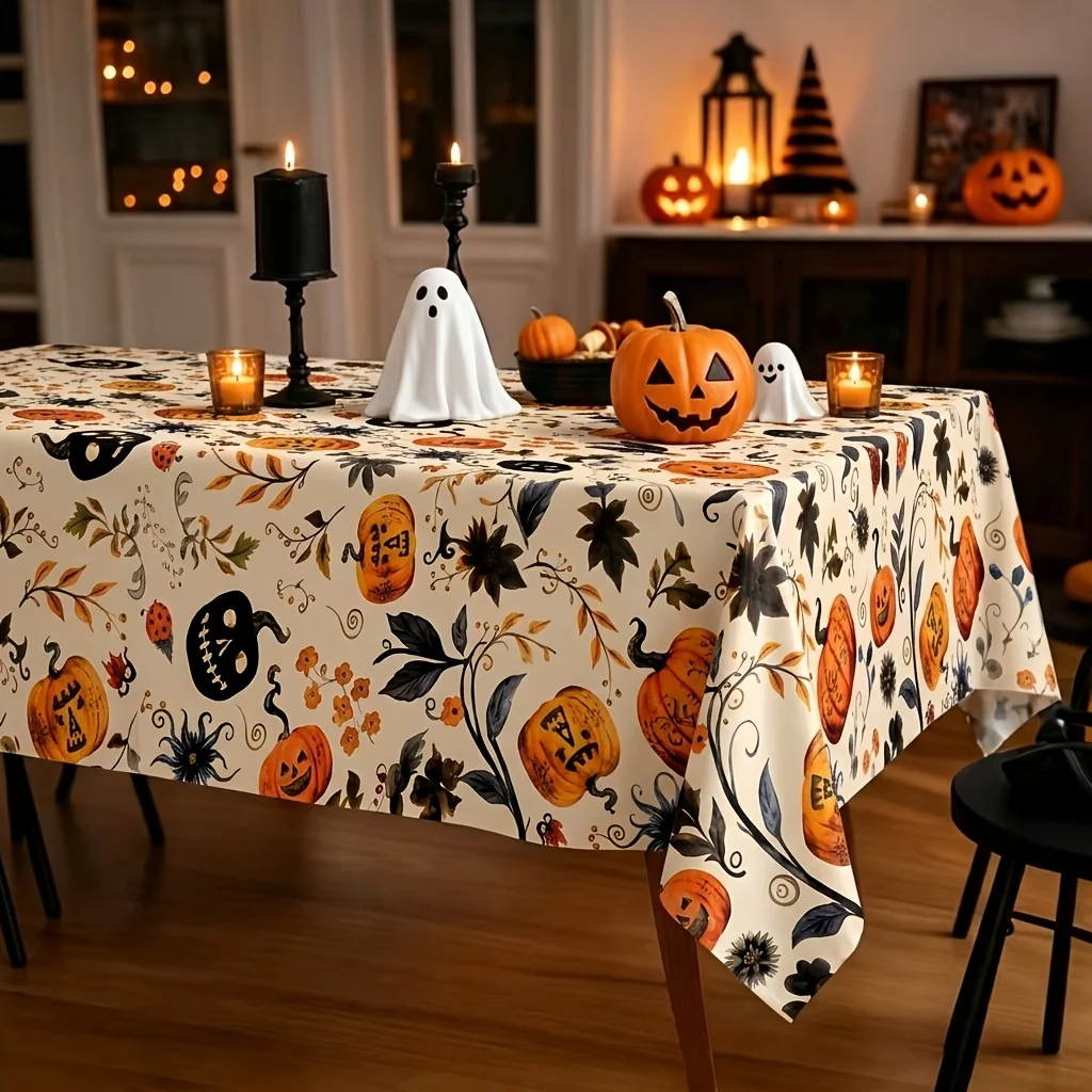1 piece, beige Halloween pumpkin tablecloth, 86.61*51.18 inches, full-sized pumpkin patternzyc