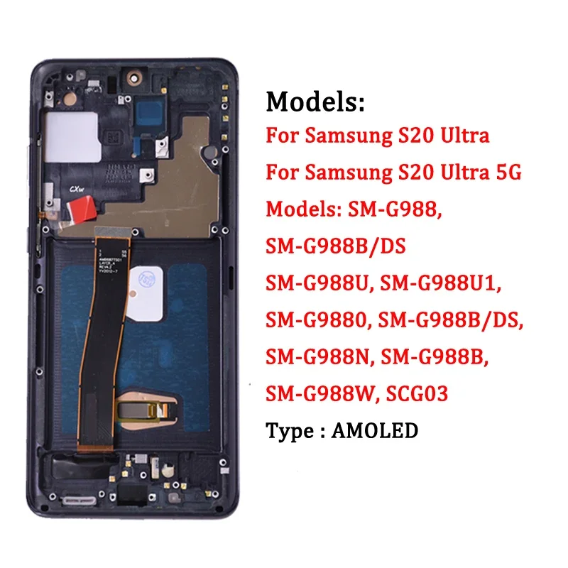 Super AMOLED For Samsung S20 Ultra G988 G988U Lcd Display Digital Touch Screen with Frame For Samsung S20 Ultra 5G LCD