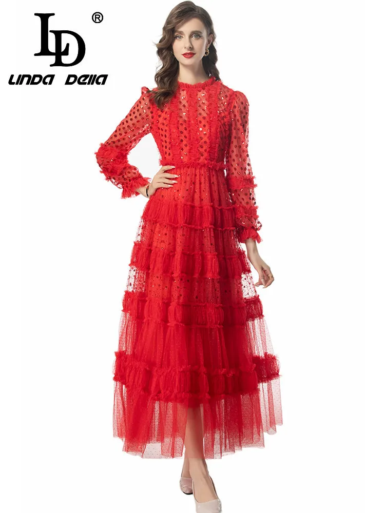 LD LINDA DELLA 2024 Summer Fashion Dress Women Solid Color Temperament Net Yarn Sequins Cascading Ruffle Sexy Embroidery Dresses