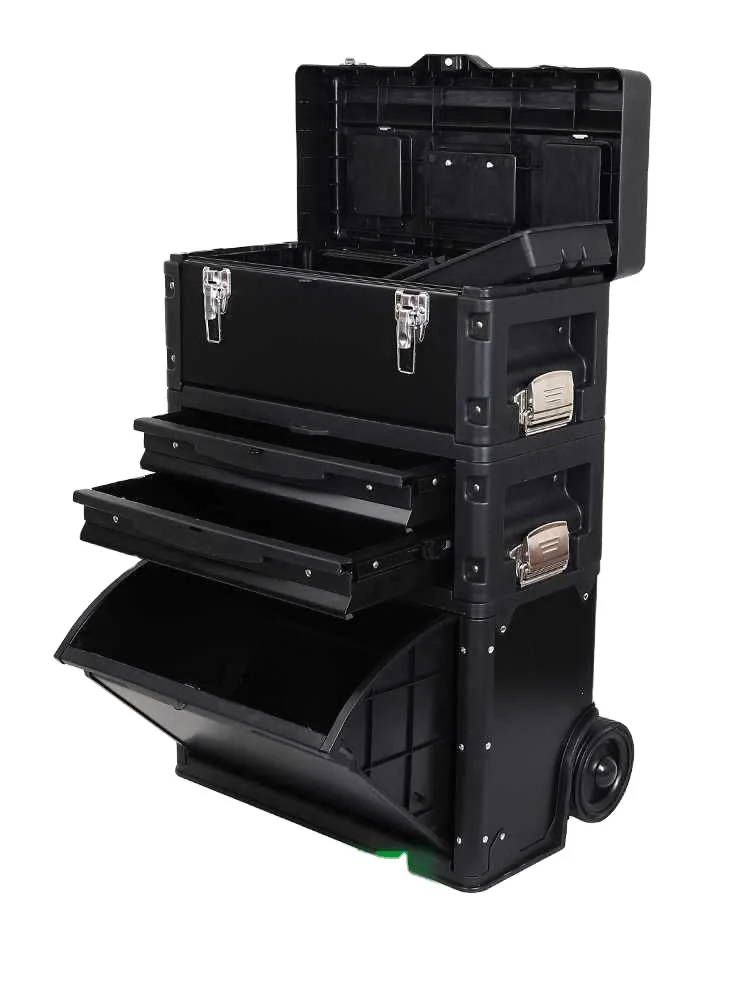 Retractable Handle Tool Box | 3-Layer Portable Plastic Trolley Case | Removable Combination Rod, Hand Tool Storage Kit Portable