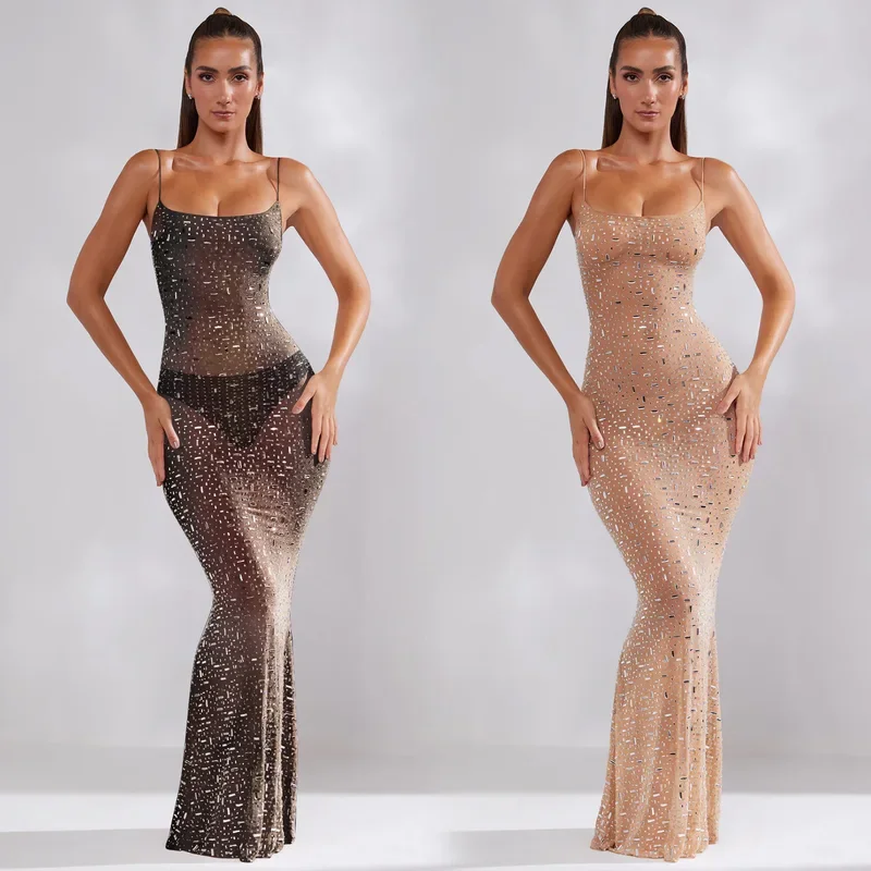 

Nightclub fashion sexy women's wear solid color mesh hot diamond sling long dress dress women's birthday party clothing