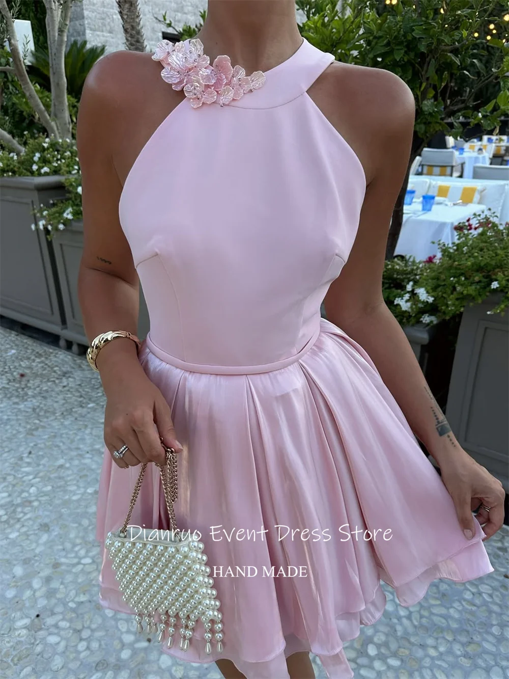 Dianruo الوردي الرسن ثلاثية الأبعاد الزهور فساتين لحضور الحفلات الموسيقية الطبقات ألف خط فستان كوكتيل قصير طول لامع فساتين العودة للوطن مخصص